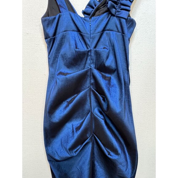 Womens Evening Formal Cocktail Dress Blue Floral Ruched Sleeveless Party Chic - Picture 10 of 11